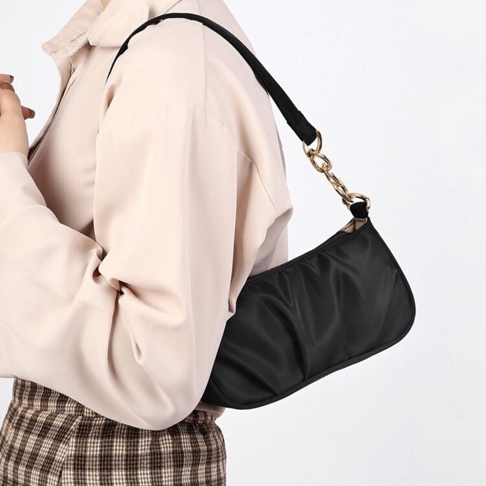 MINI NYLON RUCHED DESIGN BAGUETTE SHOULDER BAG